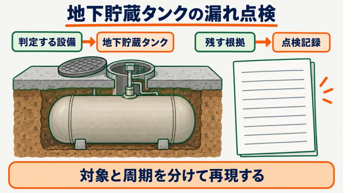 地下貯蔵タンクの漏れの点検|周期・点検者・記録の判定手順